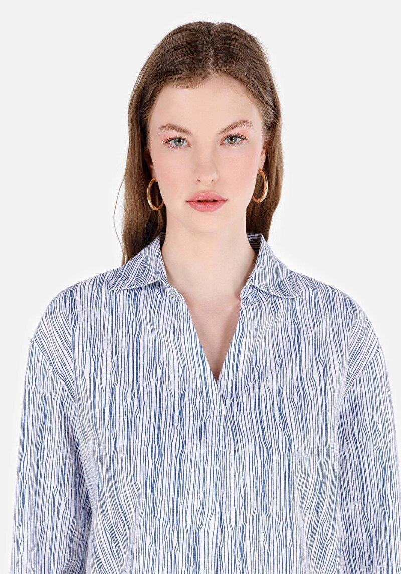 Imagine a Cămașă Regular Fit Neck Striped Cămașă Albă Roll-Up Pentru Femei