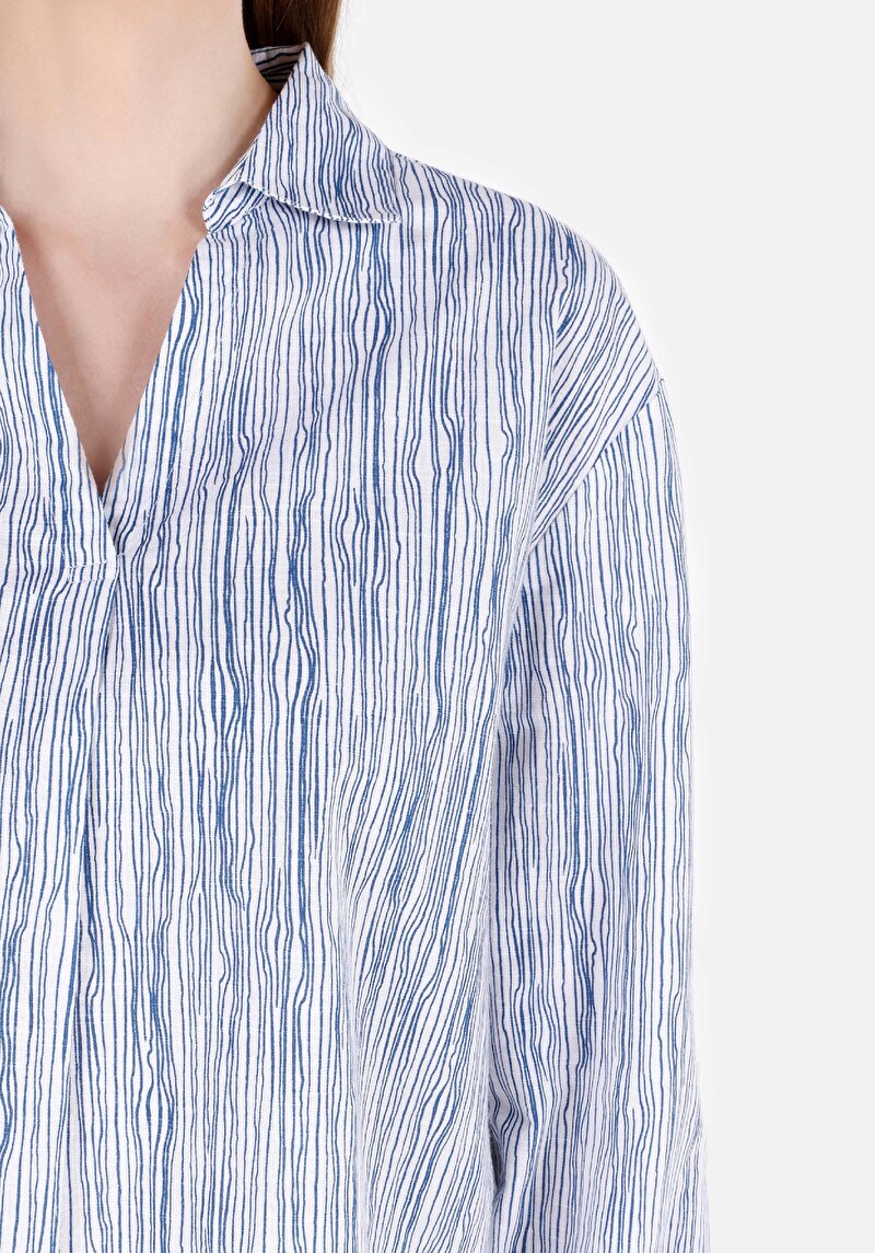 Afișați detalii pentru Cămașă Regular Fit Neck Striped Cămașă Albă Roll-Up Pentru Femei