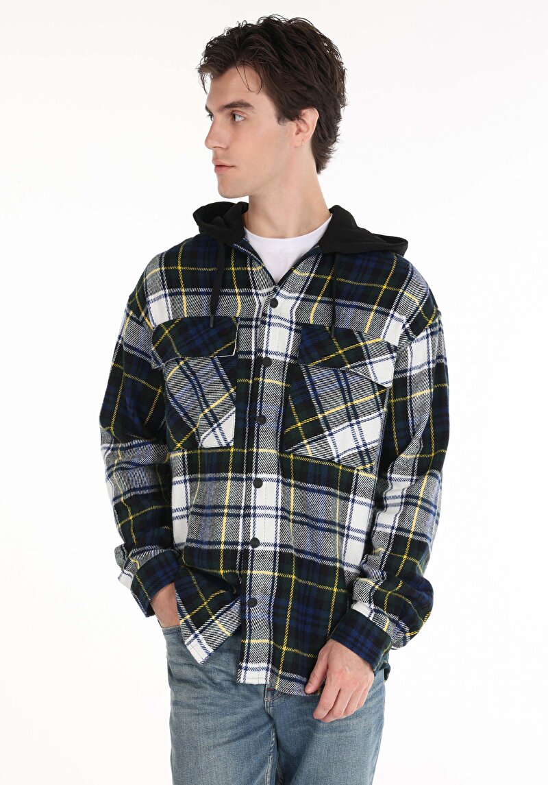 Imagine a Cămașă Cu Mânecă Lungă Verde Cu Carouri Cu Glugă Comfort Fit