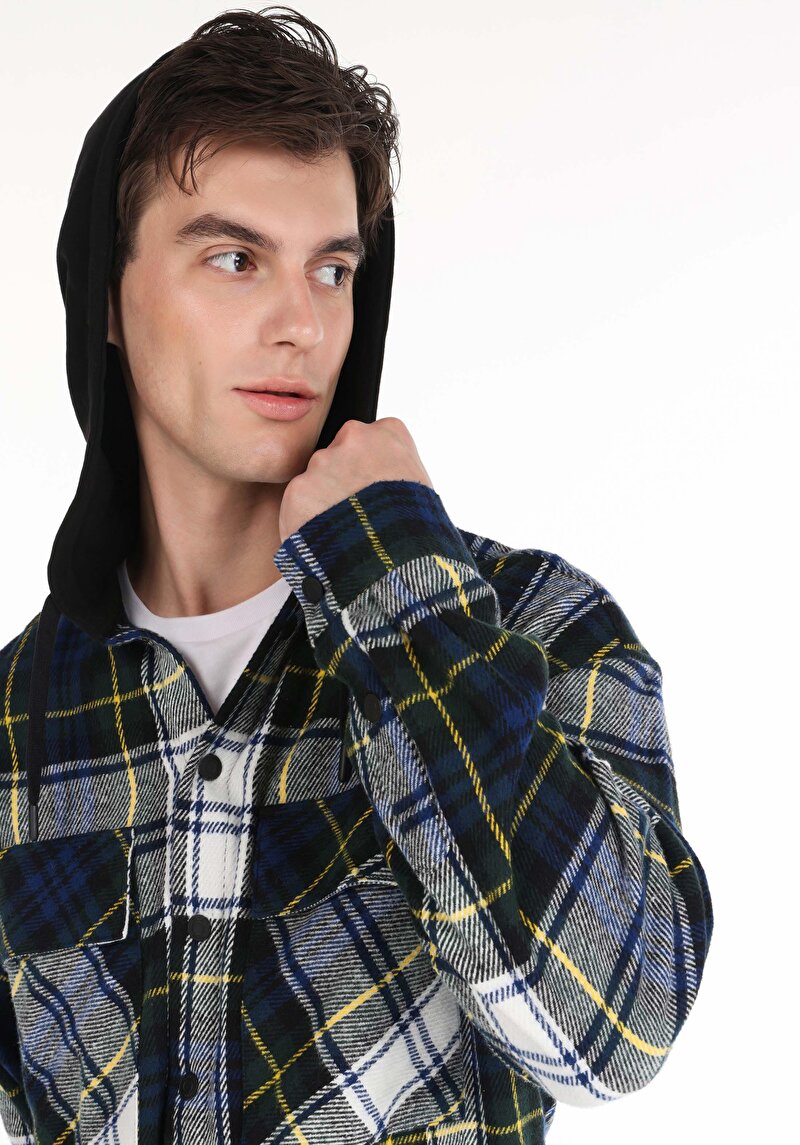 Afișați detalii pentru Cămașă Cu Mânecă Lungă Verde Cu Carouri Cu Glugă Comfort Fit