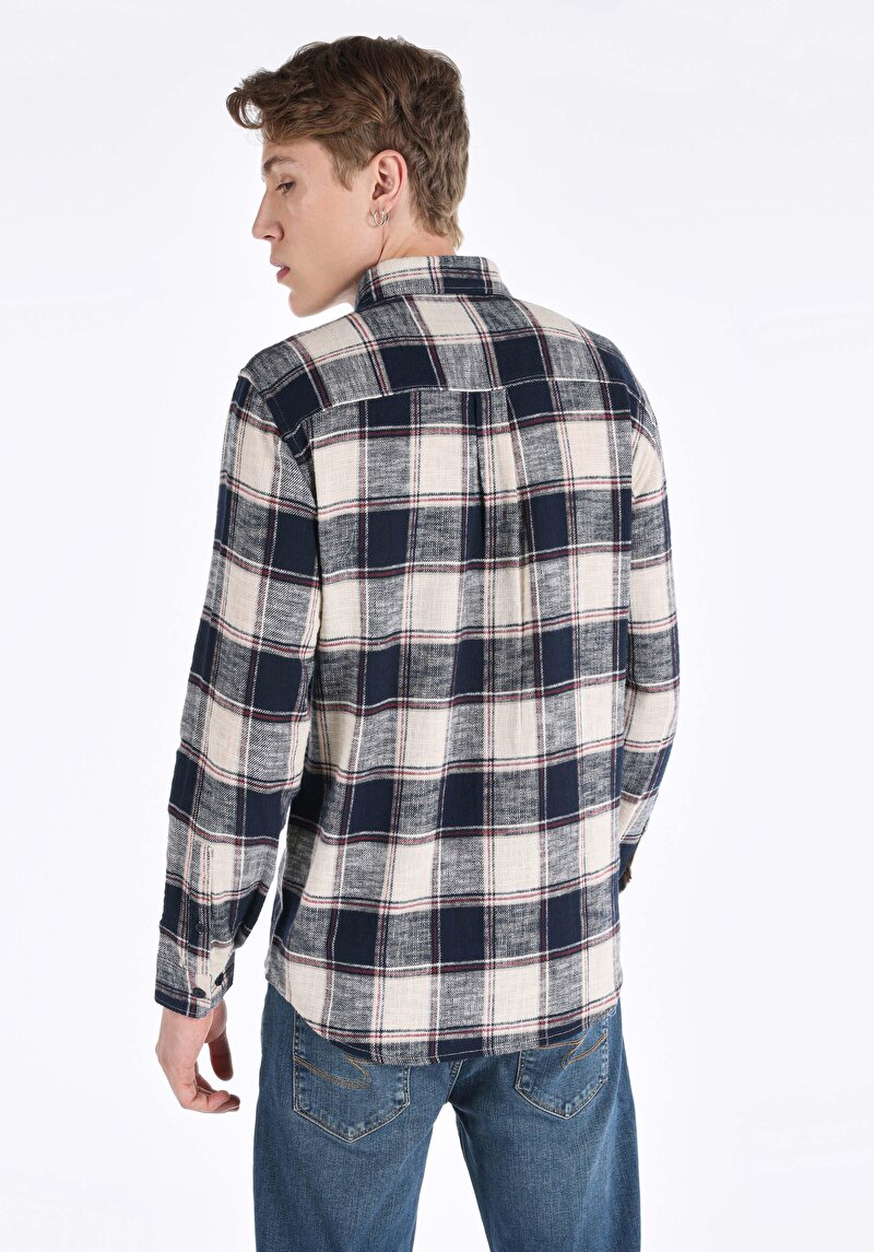 Imagine a Cămașă Cu Gât În Carouri Cămașă Cu Mânecă Lungă Bleumarin Pentru Bărbați