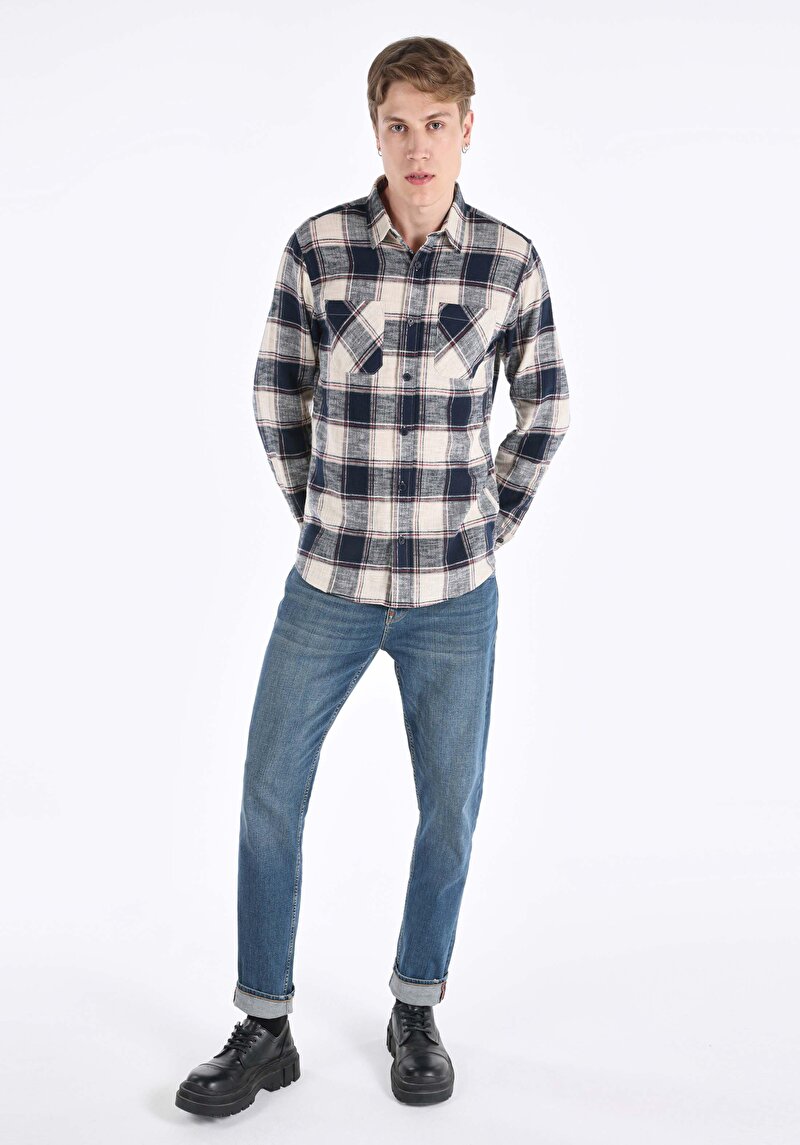 Imagine a Cămașă Cu Gât În Carouri Cămașă Cu Mânecă Lungă Bleumarin Pentru Bărbați