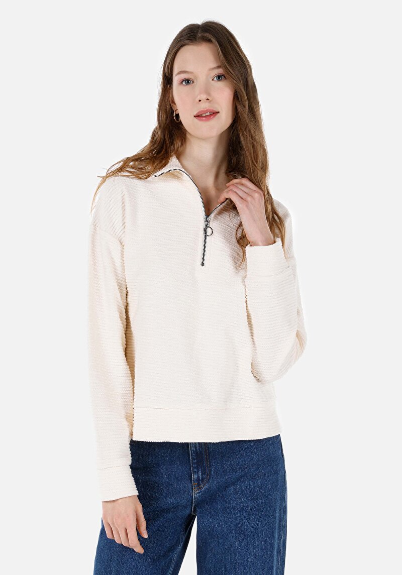 Imagine a Regular Fit Tricou Cu Fermoar Jacquard Pentru Femei Cu Mânecă Lungă Ecru