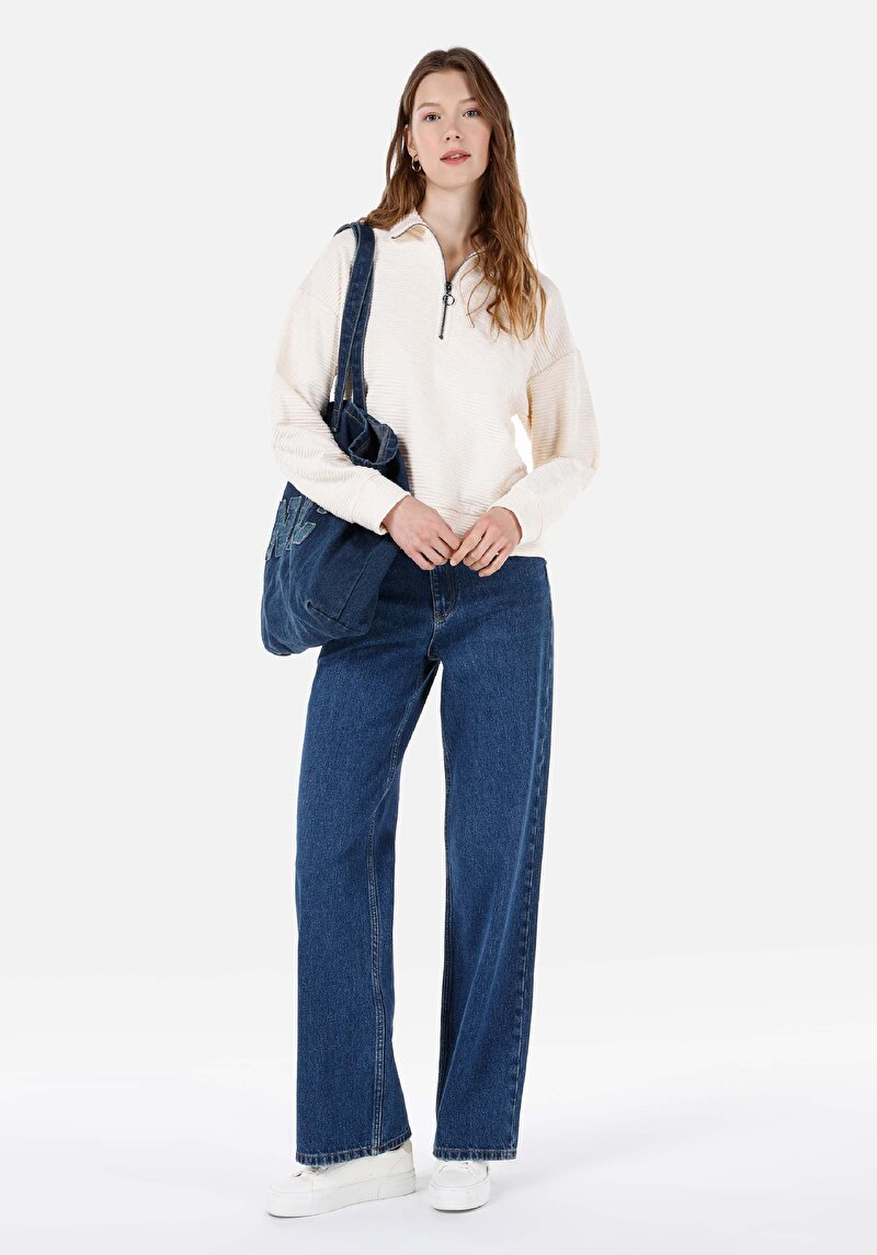 Afișați detalii pentru Regular Fit Tricou Cu Fermoar Jacquard Pentru Femei Cu Mânecă Lungă Ecru