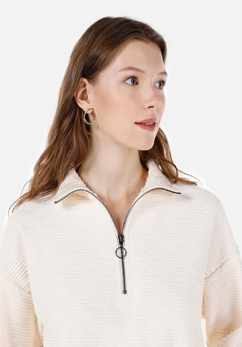 Imagine a Regular Fit Tricou Cu Fermoar Jacquard Pentru Femei Cu Mânecă Lungă Ecru