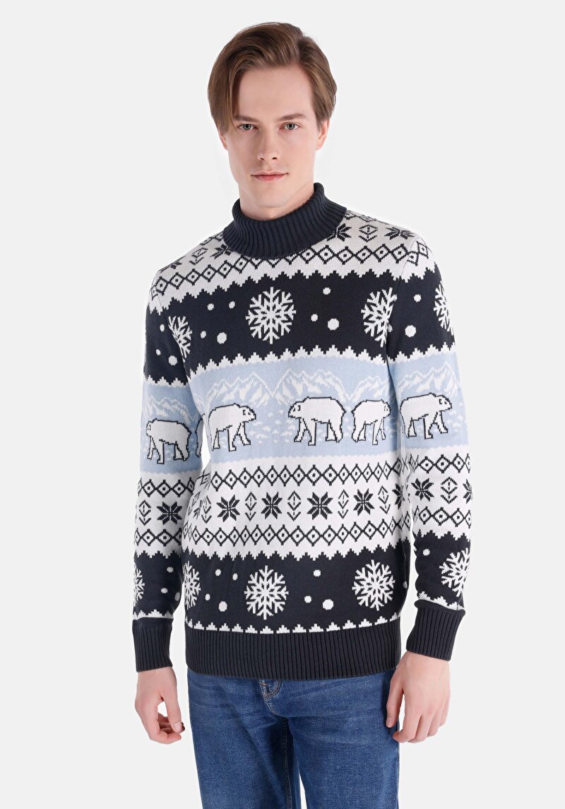 Imagine a Pulover Regular Fit Turtle Neck Jacquard Bleumarin Pentru Bărbați