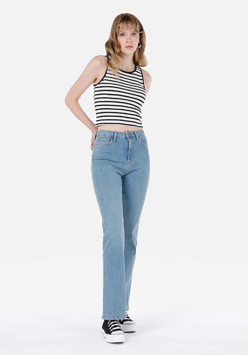 Imagine a Regular Fit Talie Înaltă Picior Larg Blugi Din Denim Pentru Femei