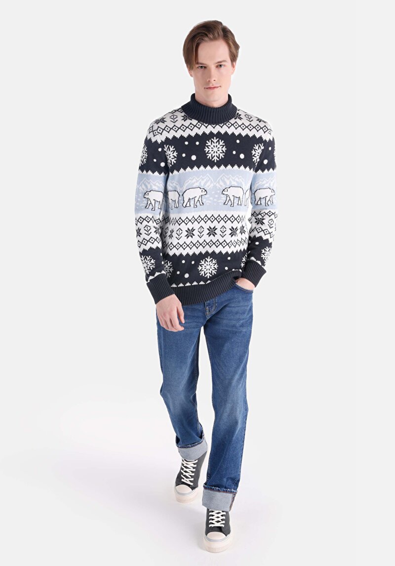 Imagine a Pulover Regular Fit Turtle Neck Jacquard Bleumarin Pentru Bărbați