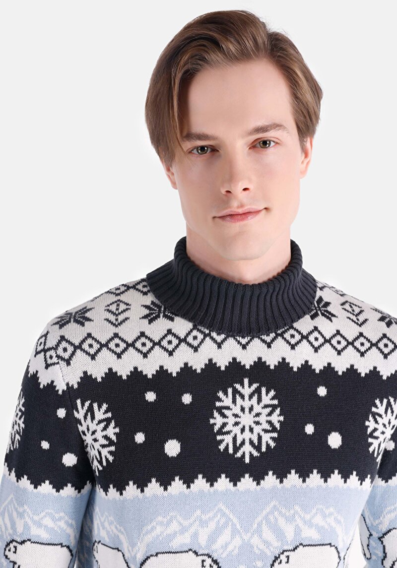 Afișați detalii pentru Pulover Regular Fit Turtle Neck Jacquard Bleumarin Pentru Bărbați