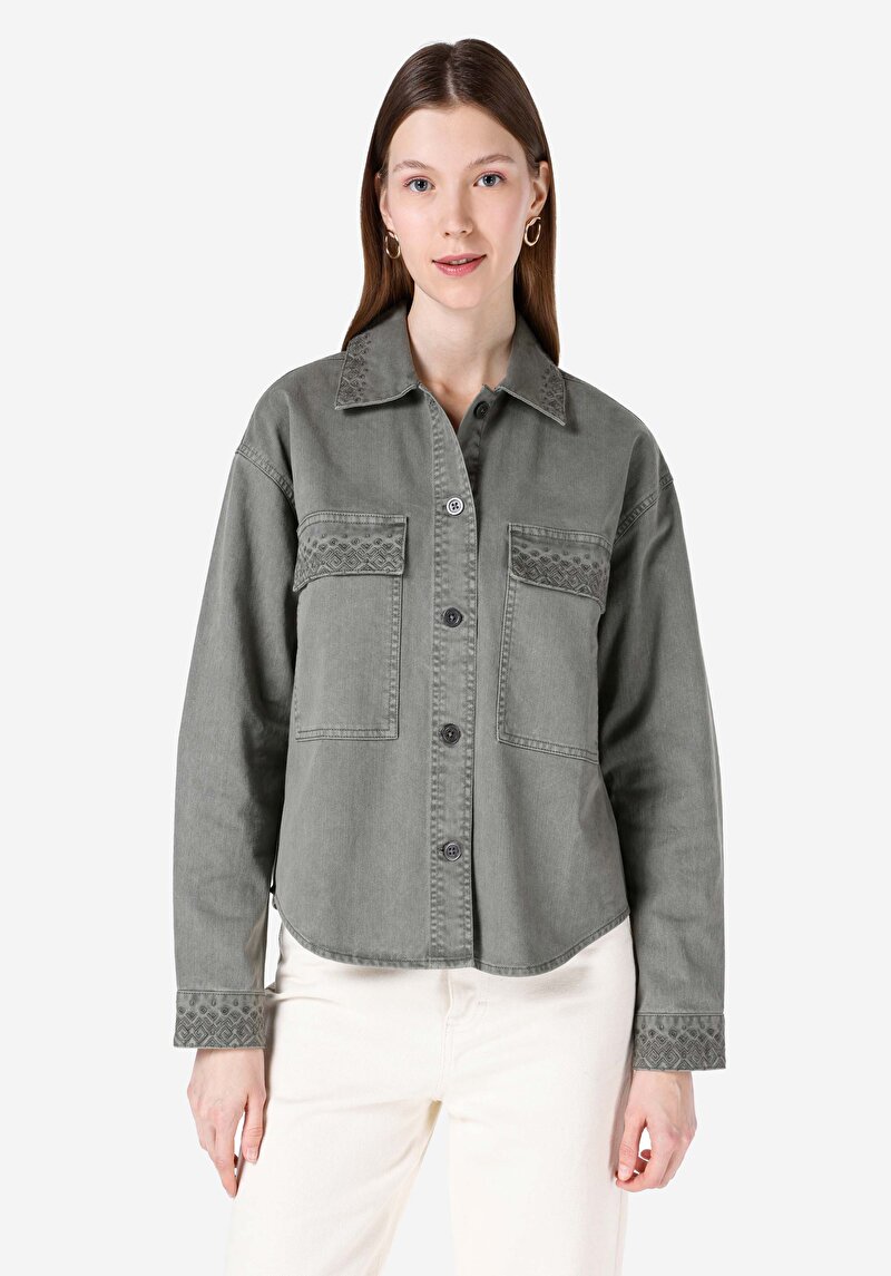 Imagine a Cămașă Cu Gât İmprimat Cămașă Verde Cu Mânecă Lungă Pentru Femei