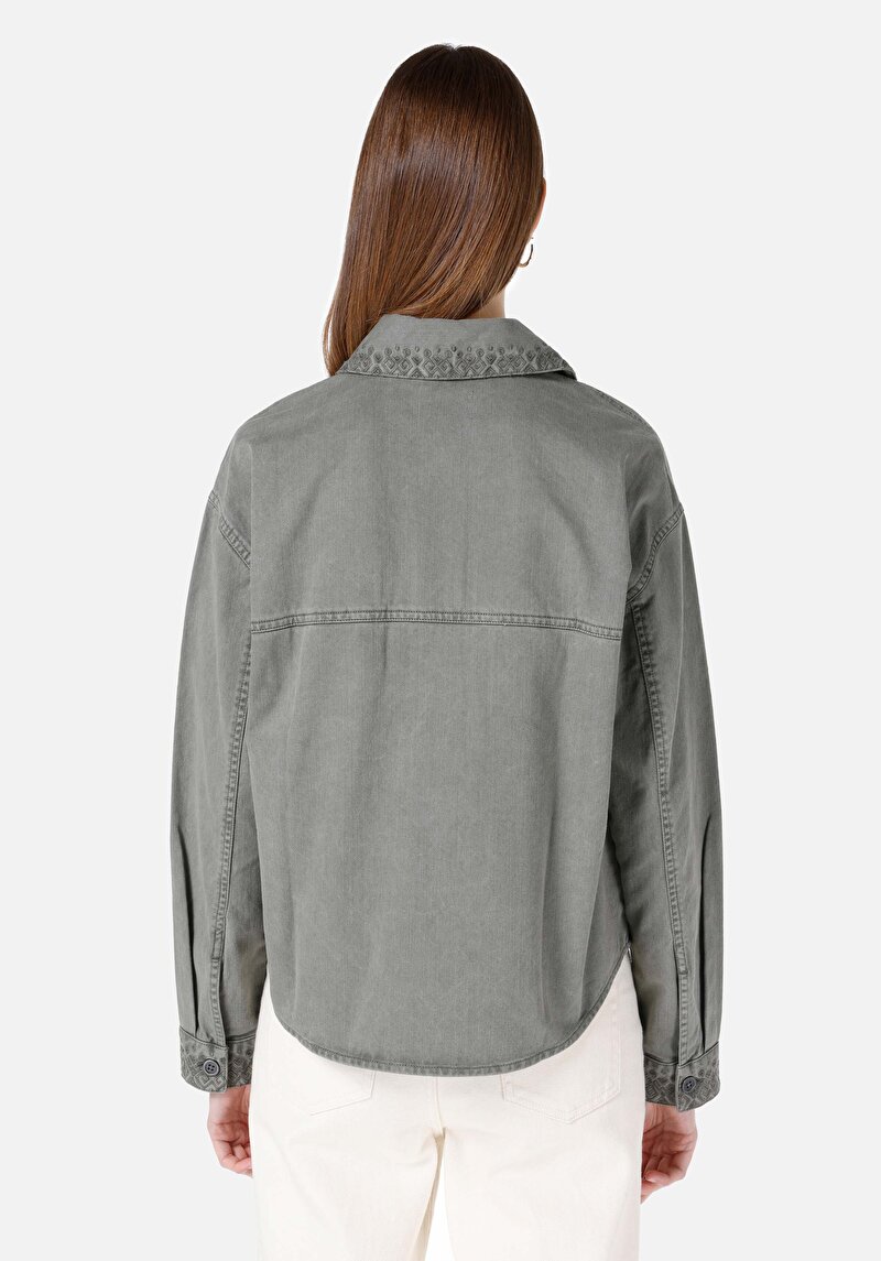 Afișați detalii pentru Cămașă Cu Gât İmprimat Cămașă Verde Cu Mânecă Lungă Pentru Femei