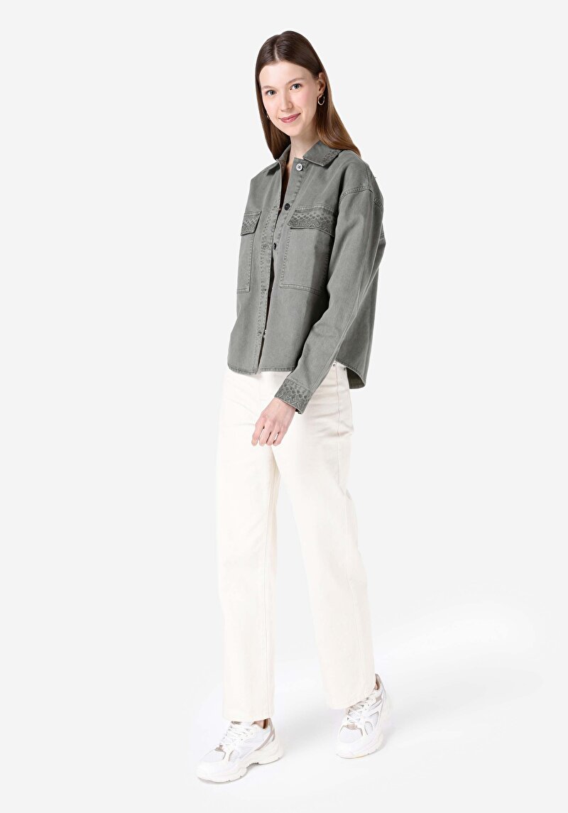 Afișați detalii pentru Cămașă Cu Gât İmprimat Cămașă Verde Cu Mânecă Lungă Pentru Femei