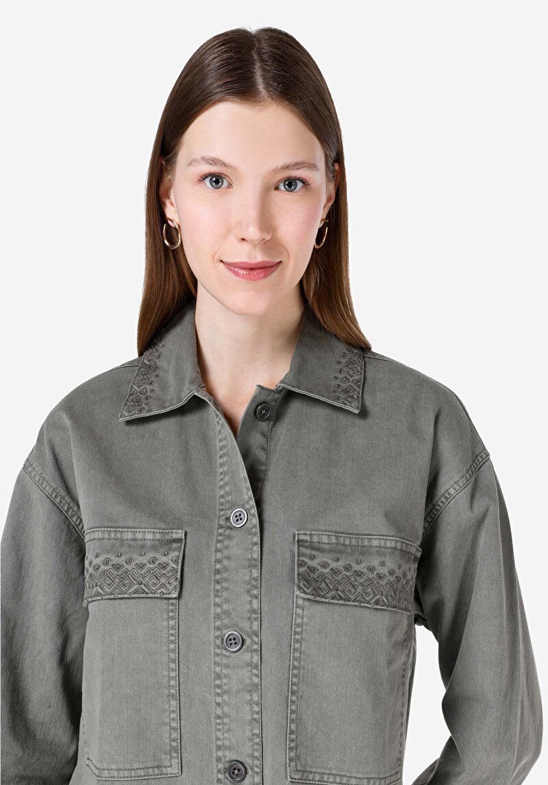 Afișați detalii pentru Cămașă Cu Gât İmprimat Cămașă Verde Cu Mânecă Lungă Pentru Femei