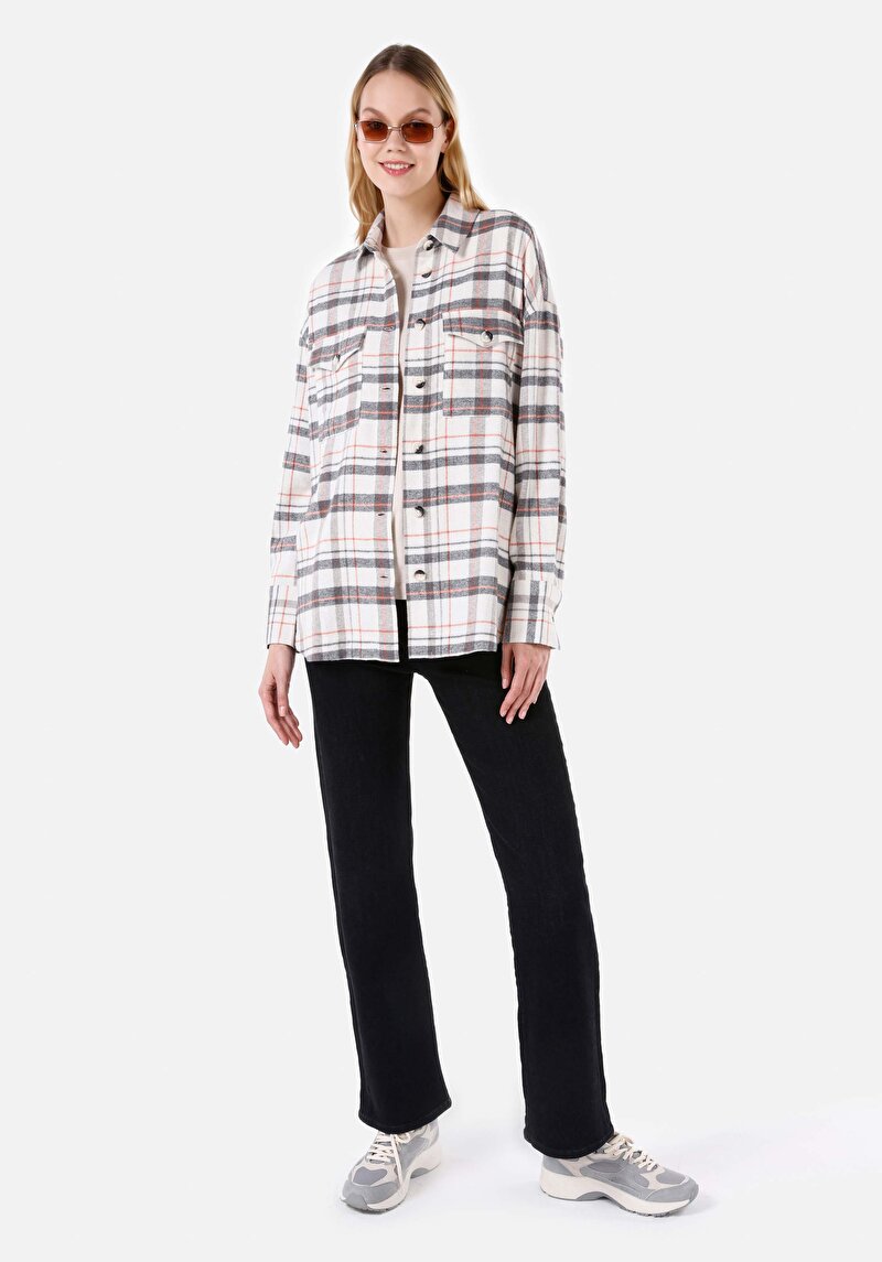 Afișați detalii pentru Cămașă Regular Fit Gât În Carouri Cămașă Albă Cu Mânecă Lungă Pentru Femei