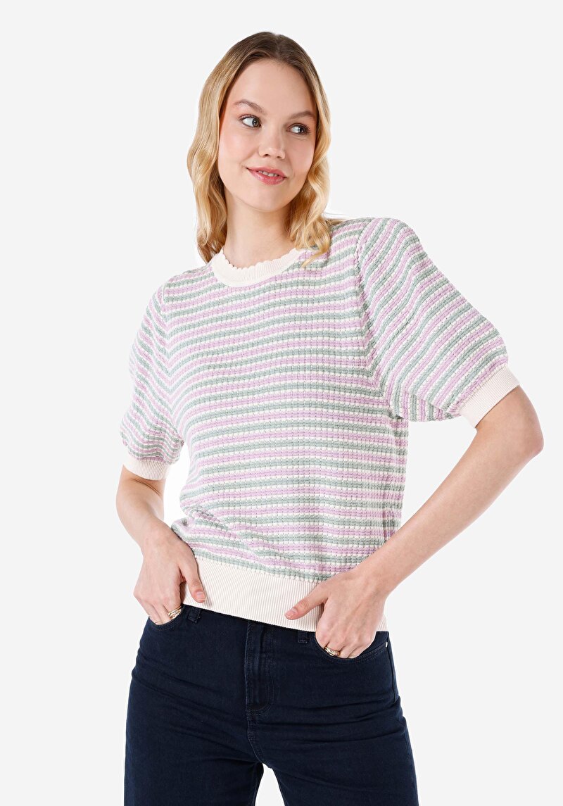 Imagine a Regular Fit Round Neck Pulover Multicolor Cu Mânecă Scurtă Pentru Femei