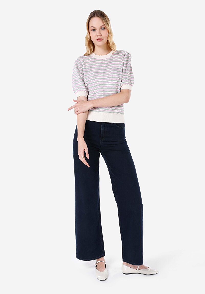 Afișați detalii pentru Regular Fit Round Neck Pulover Multicolor Cu Mânecă Scurtă Pentru Femei