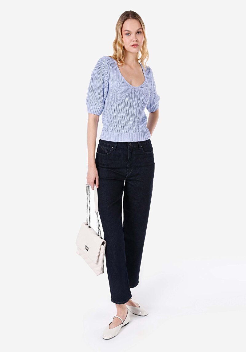 Imagine a Slim Fit Deep Crew Neck Pulover Cu Mânecă Scurtă Mov Pentru Femei