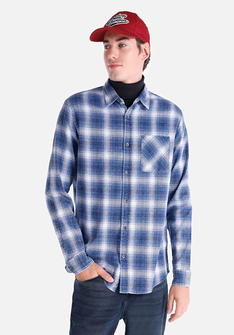 Imagine a Cămașă Cu Gât În Carouri Cămașă Albastră Cu Mânecă Lungă Pentru Bărbați
