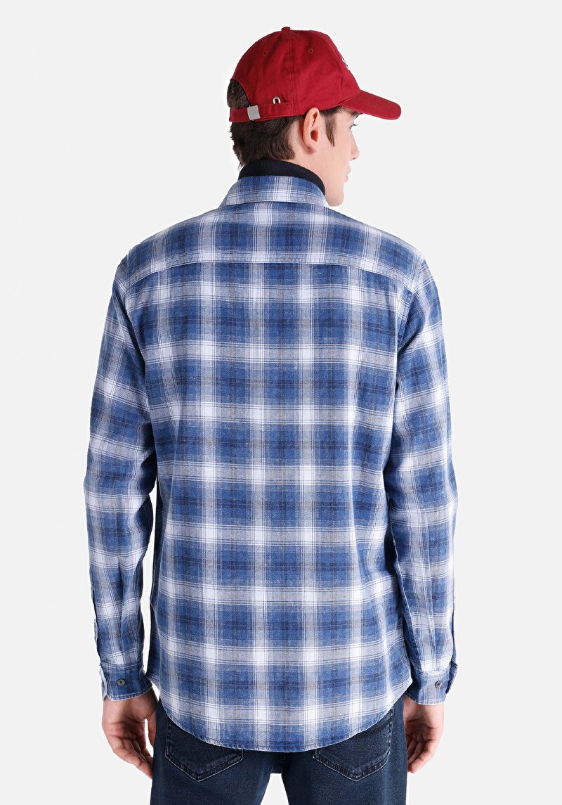 Afișați detalii pentru Cămașă Cu Gât În Carouri Cămașă Albastră Cu Mânecă Lungă Pentru Bărbați