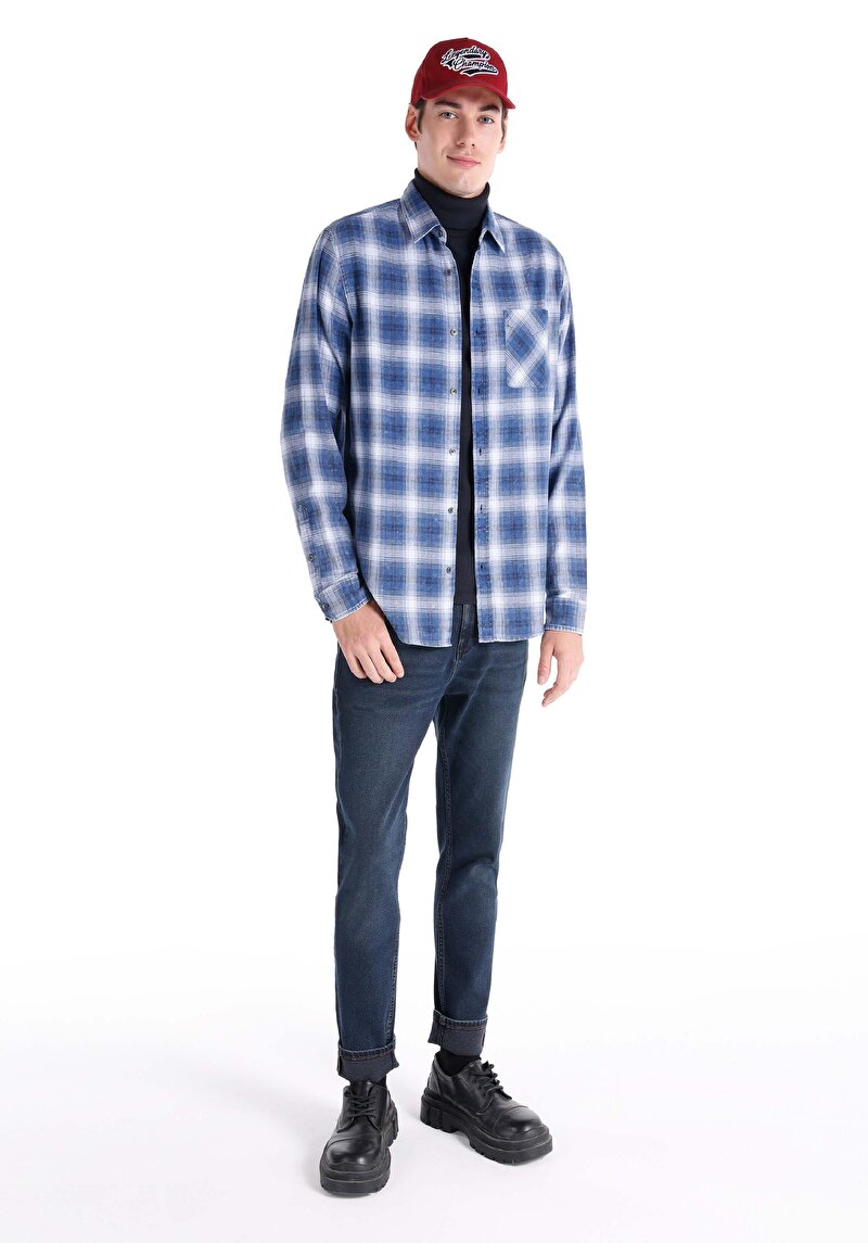 Afișați detalii pentru Cămașă Cu Gât În Carouri Cămașă Albastră Cu Mânecă Lungă Pentru Bărbați