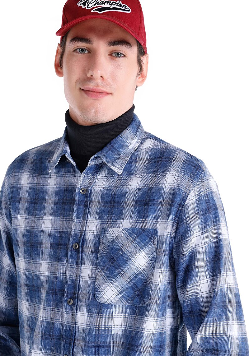 Afișați detalii pentru Cămașă Cu Gât În Carouri Cămașă Albastră Cu Mânecă Lungă Pentru Bărbați