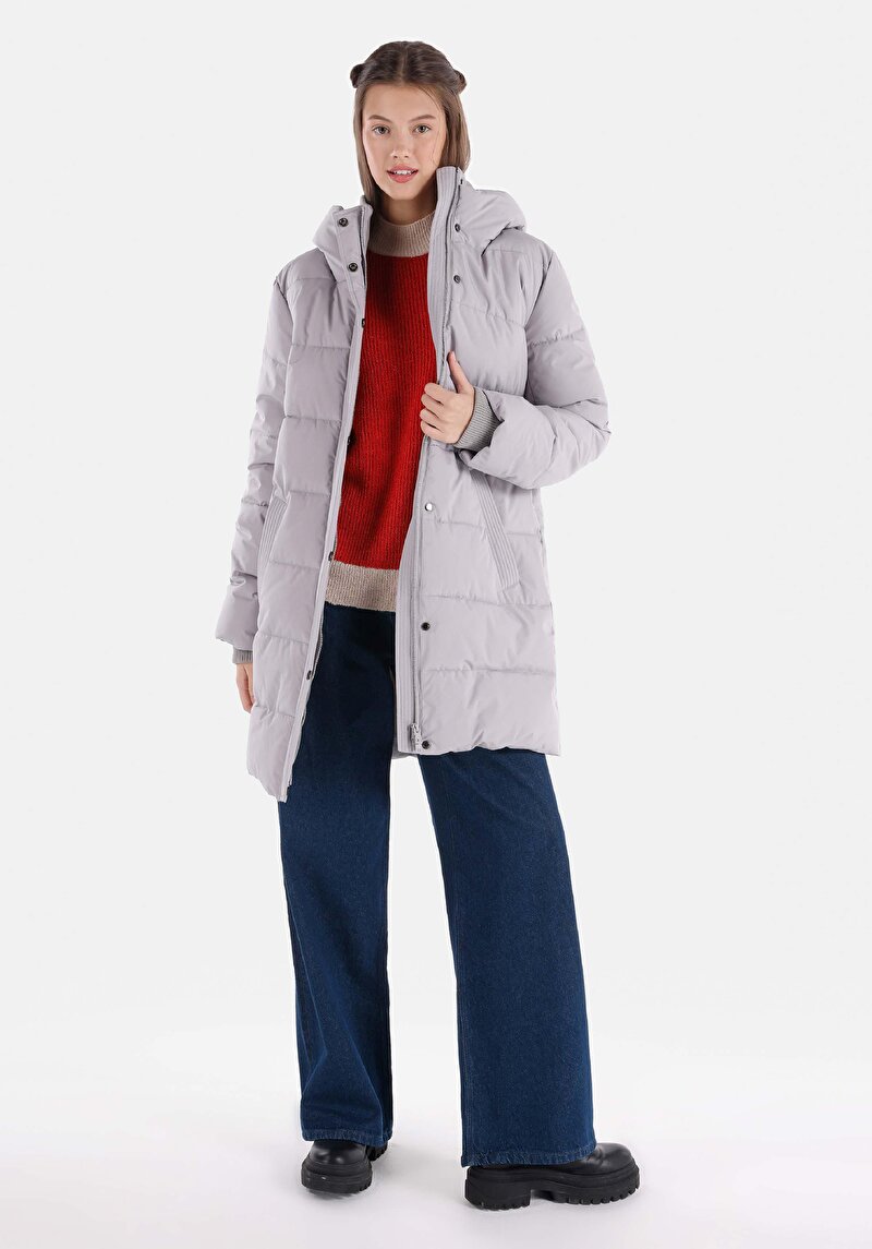 Imagine a Regular Fit Cu Glugă Cu Fermoar Căptușit Pentru Femei Palton Gri
