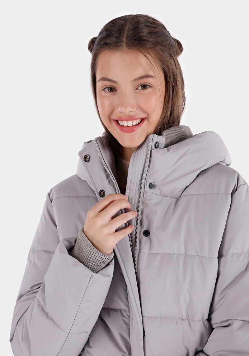 Afișați detalii pentru Regular Fit Cu Glugă Cu Fermoar Căptușit Pentru Femei Palton Gri