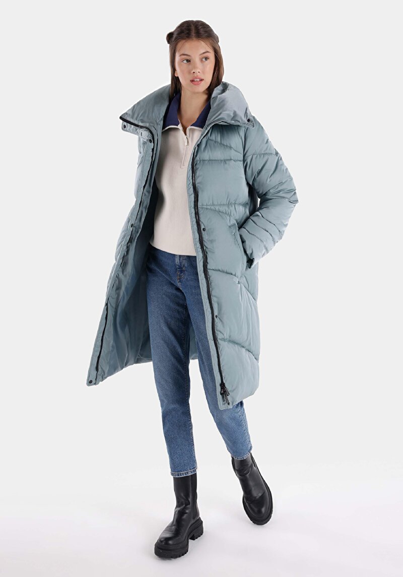 Afișați detalii pentru Regular Fit Stand-Up Collar Fermoar Căptușit Verde Pentru Femei Palton Verde