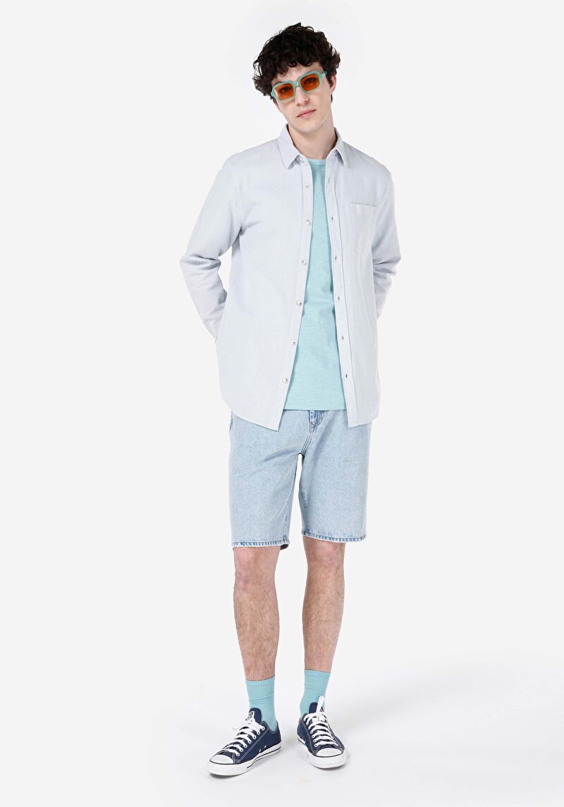 Imagine a Cămașă Comfort Fit Decolteu Drept Cămașă Albastră Manșon Lung Pentru Bărbați