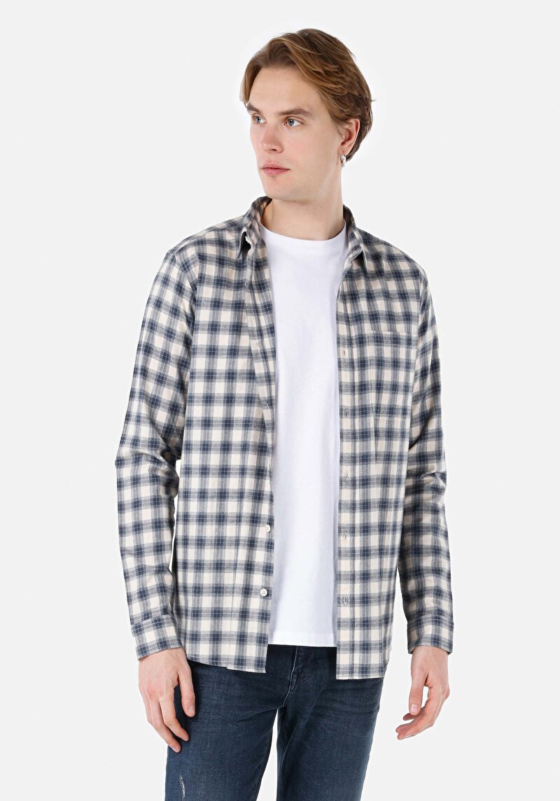 Imagine a Cămașă Cu Gât În Carouri Cămașă Albastră Cu Mânecă Lungă Pentru Bărbați