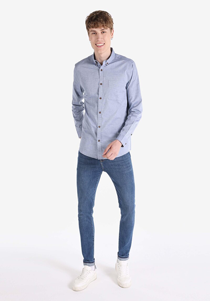 Afișați detalii pentru Cămașă Cu Gât Drept Cămașă Albastră Cu Mânecă Lungă Pentru Bărbați