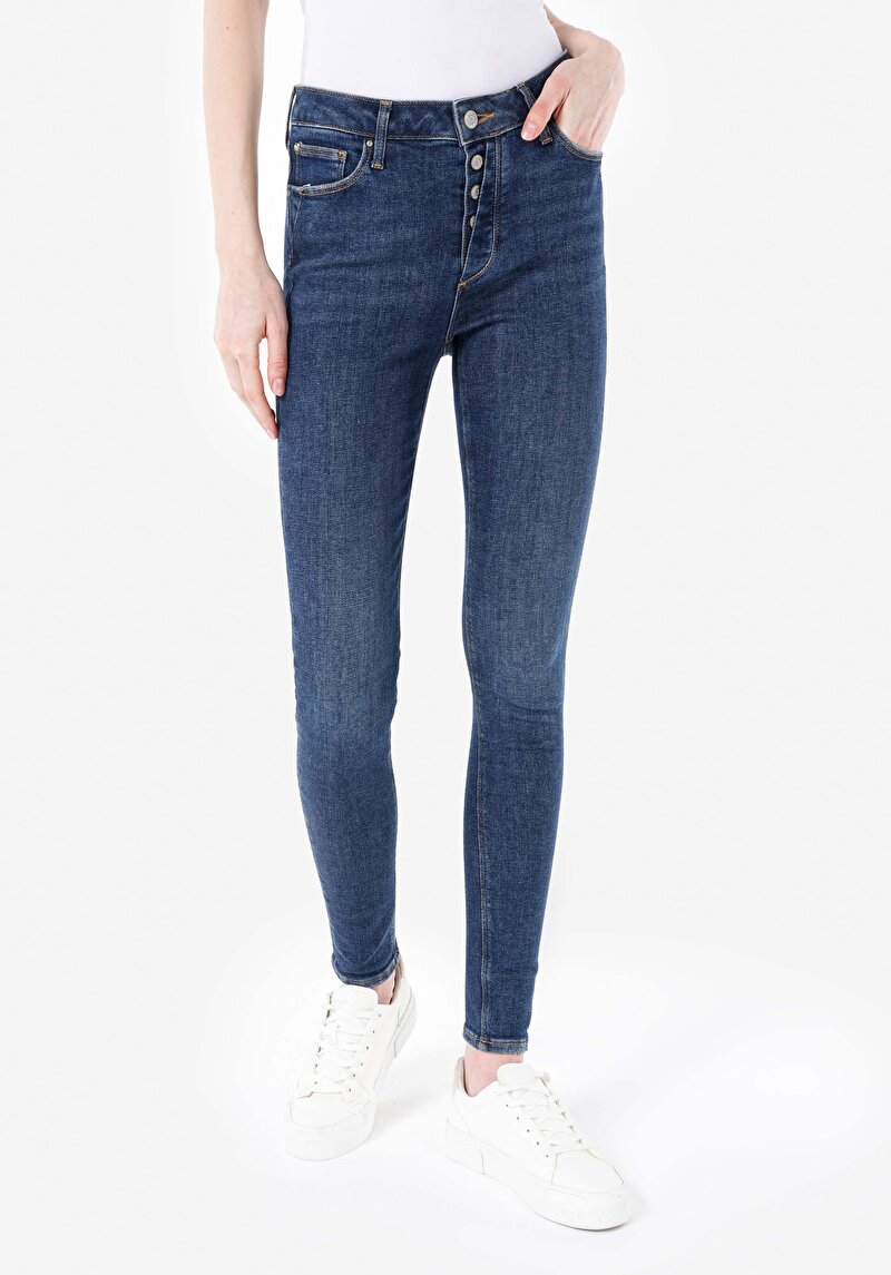Afișați detalii pentru Skinny Fit Mid Waist Narrow Leg Blugi İndigo Pentru Femei