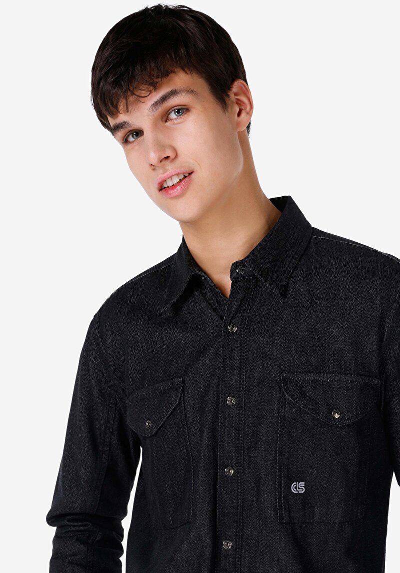 Afișați detalii pentru Cămașă Albastră Cu Mânecă Lungă Pentru Bărbați Cu Guler Clasic Cu Guler Supradimensionat