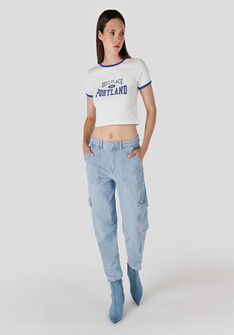 Imagine a Cargo Fit Mid Waist Slim Leg Blugi İndigo Pentru Femei