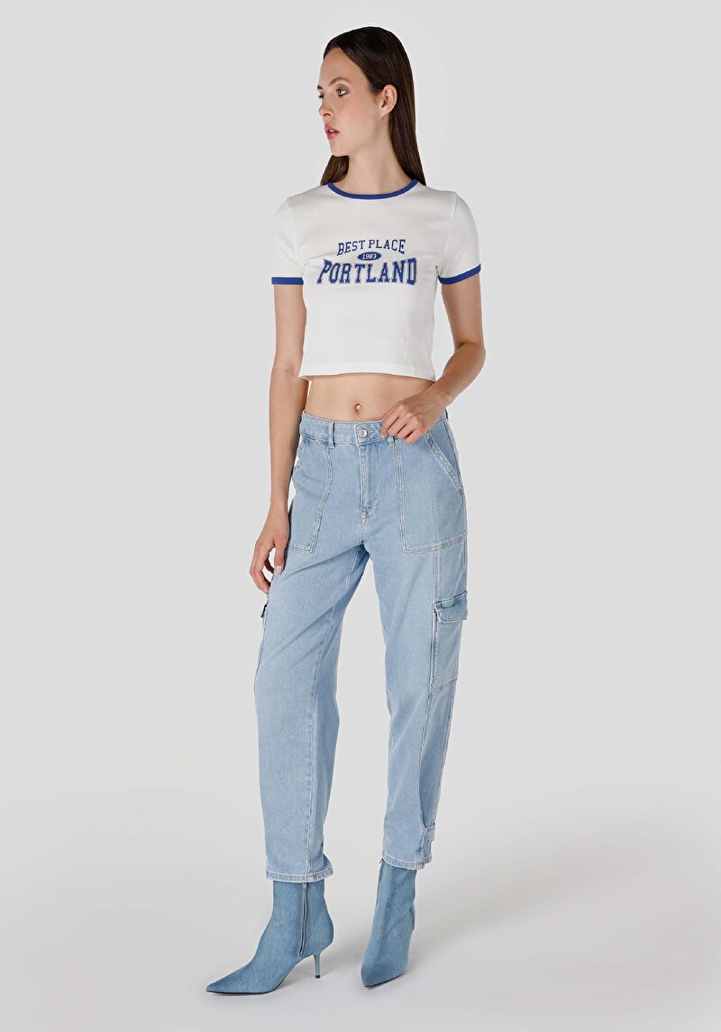 Afișați detalii pentru Cargo Fit Mid Waist Slim Leg Blugi İndigo Pentru Femei