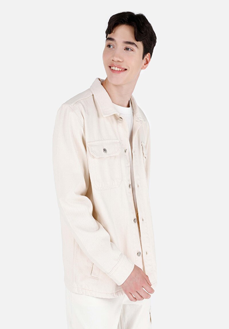 Imagine a Regular Fit Classic Collar Drept Cămașă Cu Mânecă Lungă Bej Pentru Bărbați