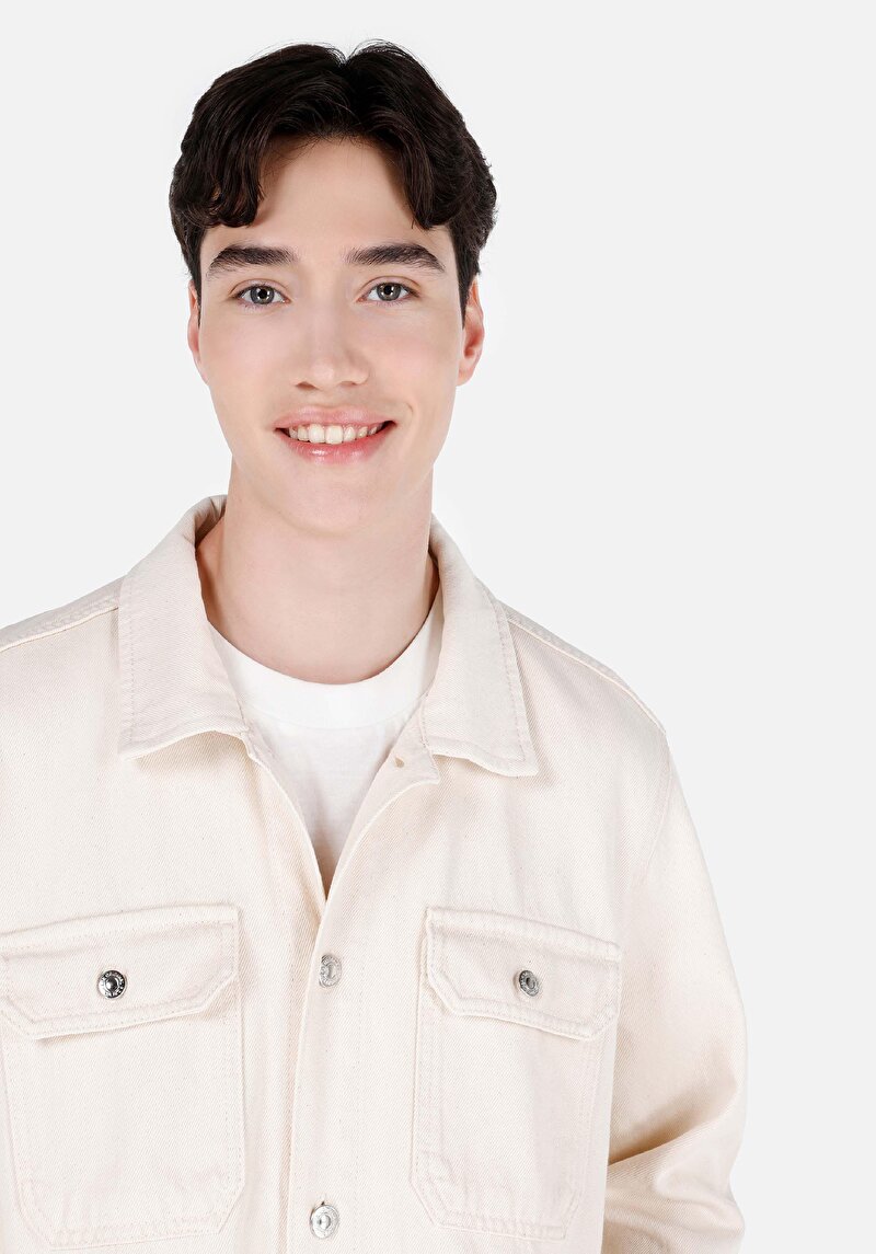 Imagine a Regular Fit Classic Collar Drept Cămașă Cu Mânecă Lungă Bej Pentru Bărbați