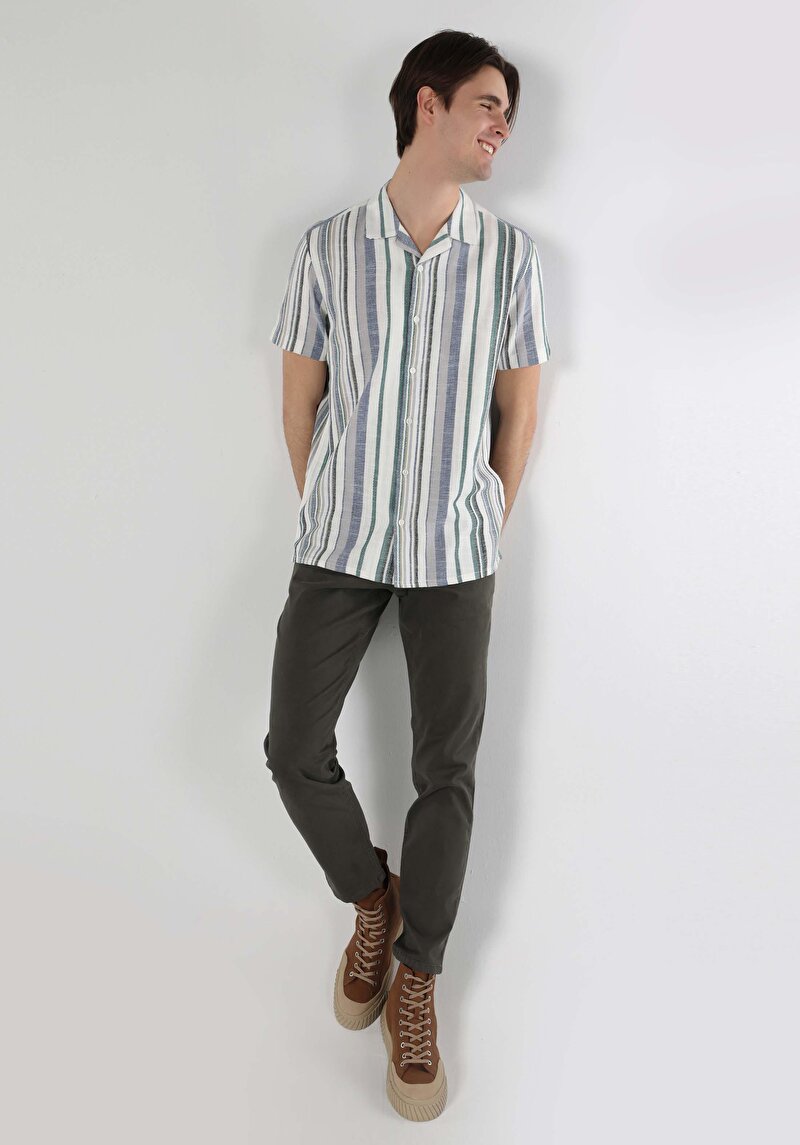 Imagine a Cămașă Cu Dungi Cămașă Cu Mânecă Scurtă Verde Pentru Bărbați