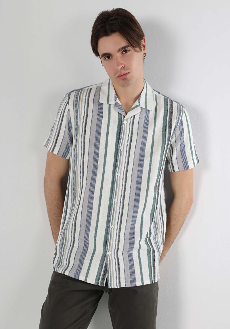 Afișați detalii pentru Cămașă Cu Dungi Cămașă Cu Mânecă Scurtă Verde Pentru Bărbați