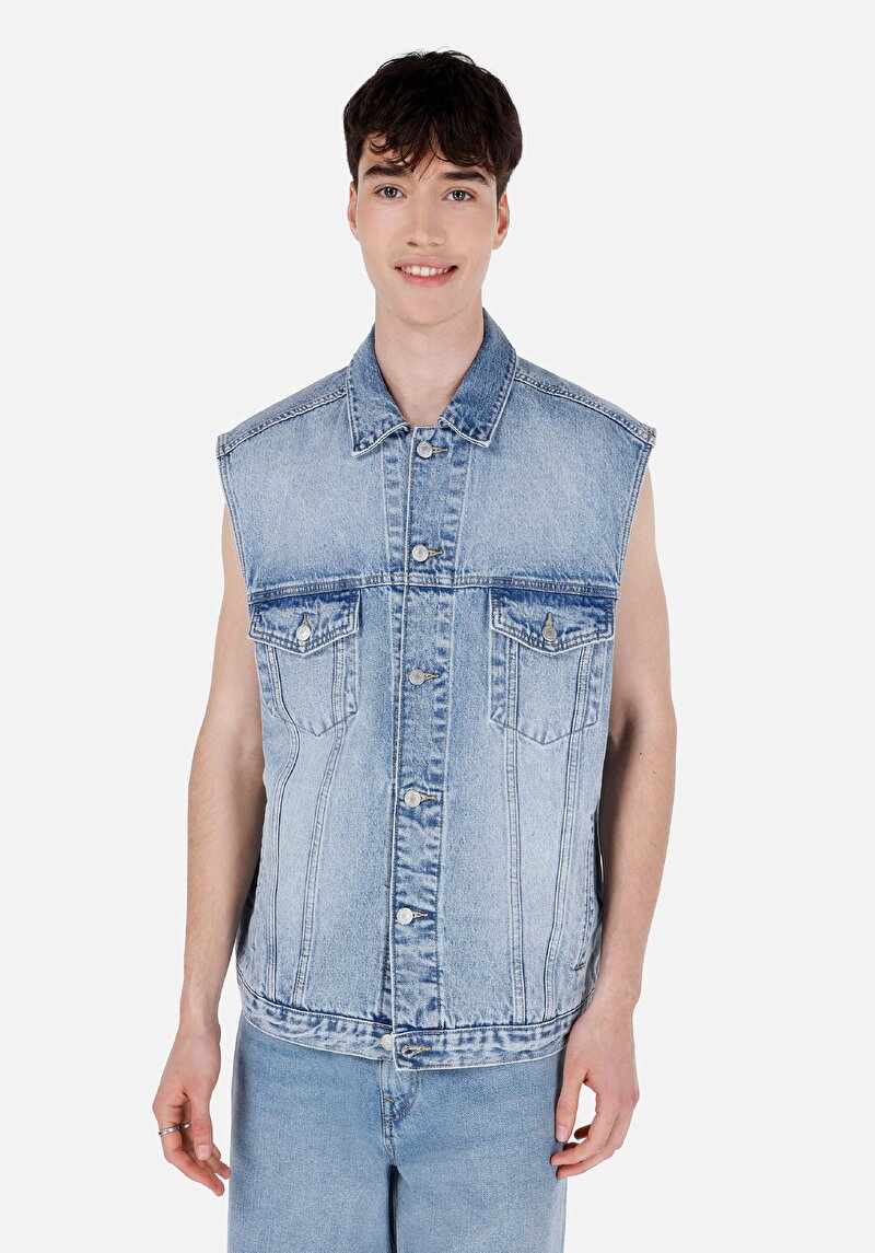 Imagine a Oversize Classic Collar Button Unlining Vestă Bleumarin Pentru Bărbați