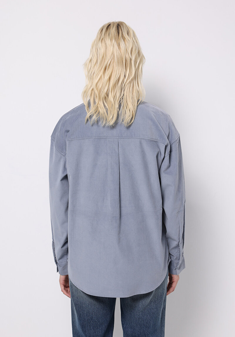 Afișați detalii pentru Regular Fit Cămașă Decolteu Drept Cămașă Albastră Manșon Lung Pentru Femei