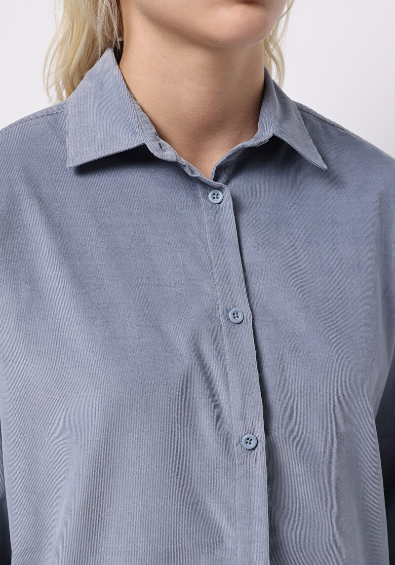 Imagine a Regular Fit Cămașă Decolteu Drept Cămașă Albastră Manșon Lung Pentru Femei