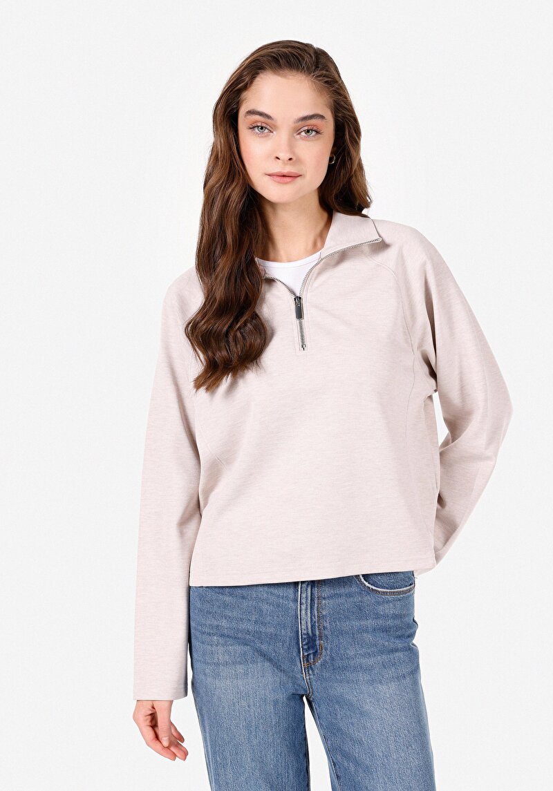 Imagine a Regular Fit Fermoar Drept Gri Tricou Cu Mânecă Lungă Pentru Femei