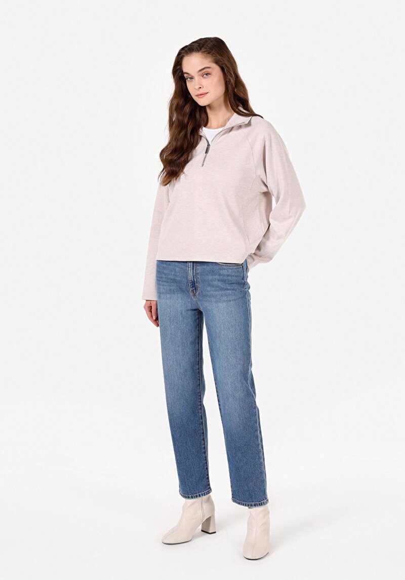 Imagine a Regular Fit Fermoar Drept Gri Tricou Cu Mânecă Lungă Pentru Femei