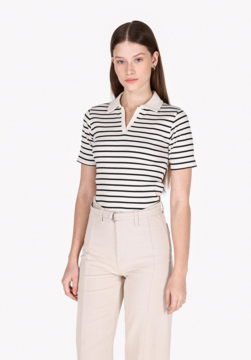 Imagine a Slim Fit Polo Collar Striped Tricou Negru Cu Mânecă Scurtă Pentru Femei