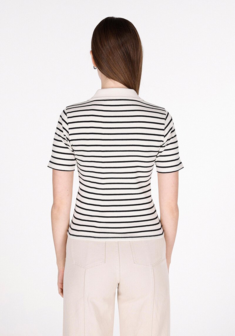 Imagine a Slim Fit Polo Collar Striped Tricou Negru Cu Mânecă Scurtă Pentru Femei