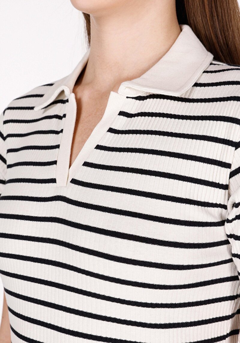 Imagine a Slim Fit Polo Collar Striped Tricou Negru Cu Mânecă Scurtă Pentru Femei