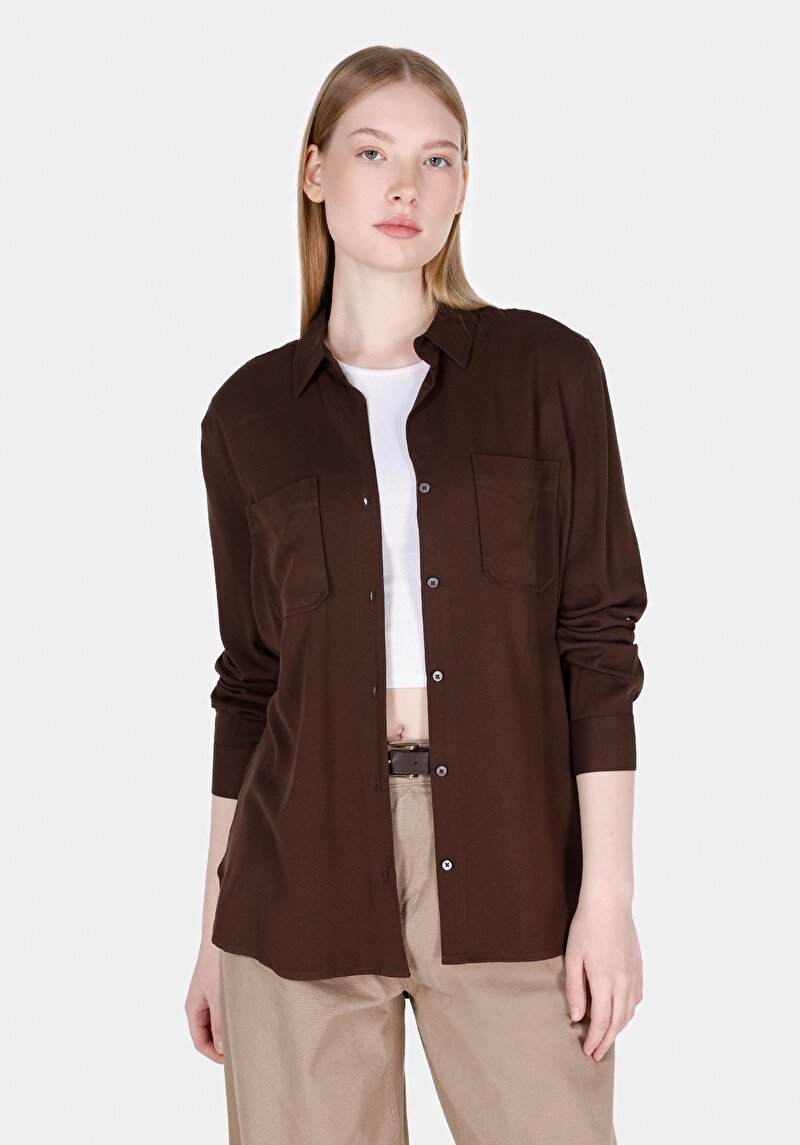 Imagine a Regular Fit Cămașă Gât Drept Cămașă Maro Roll-Up Pentru Femei