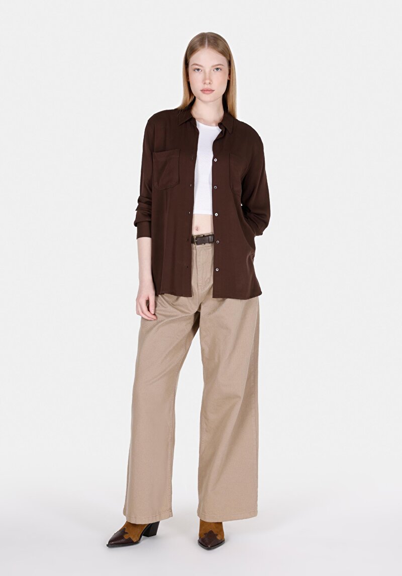 Afișați detalii pentru Regular Fit Cămașă Gât Drept Cămașă Maro Roll-Up Pentru Femei
