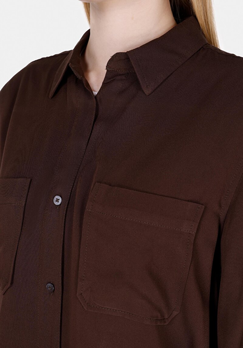 Imagine a Regular Fit Cămașă Gât Drept Cămașă Maro Roll-Up Pentru Femei